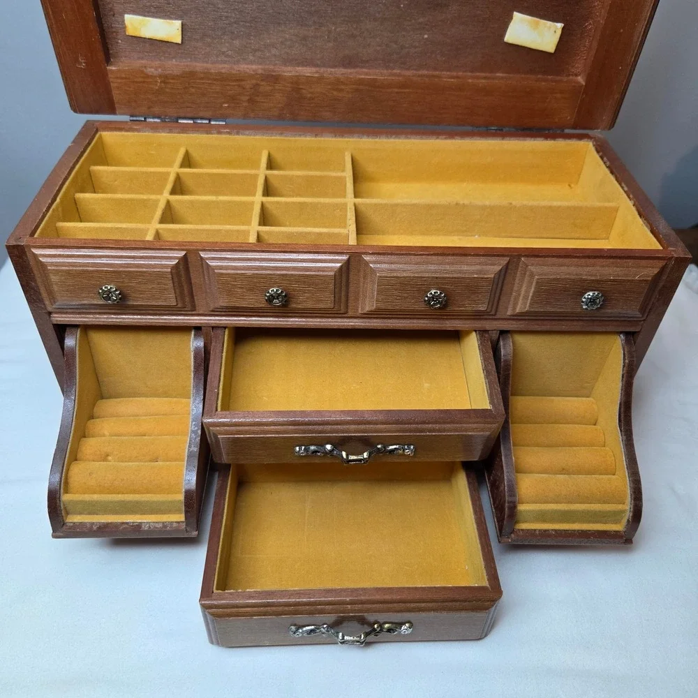 Vtg Sankyo Wooden Musical Jewelry Box Chest Faux Drawer Design Brown Yellow READ